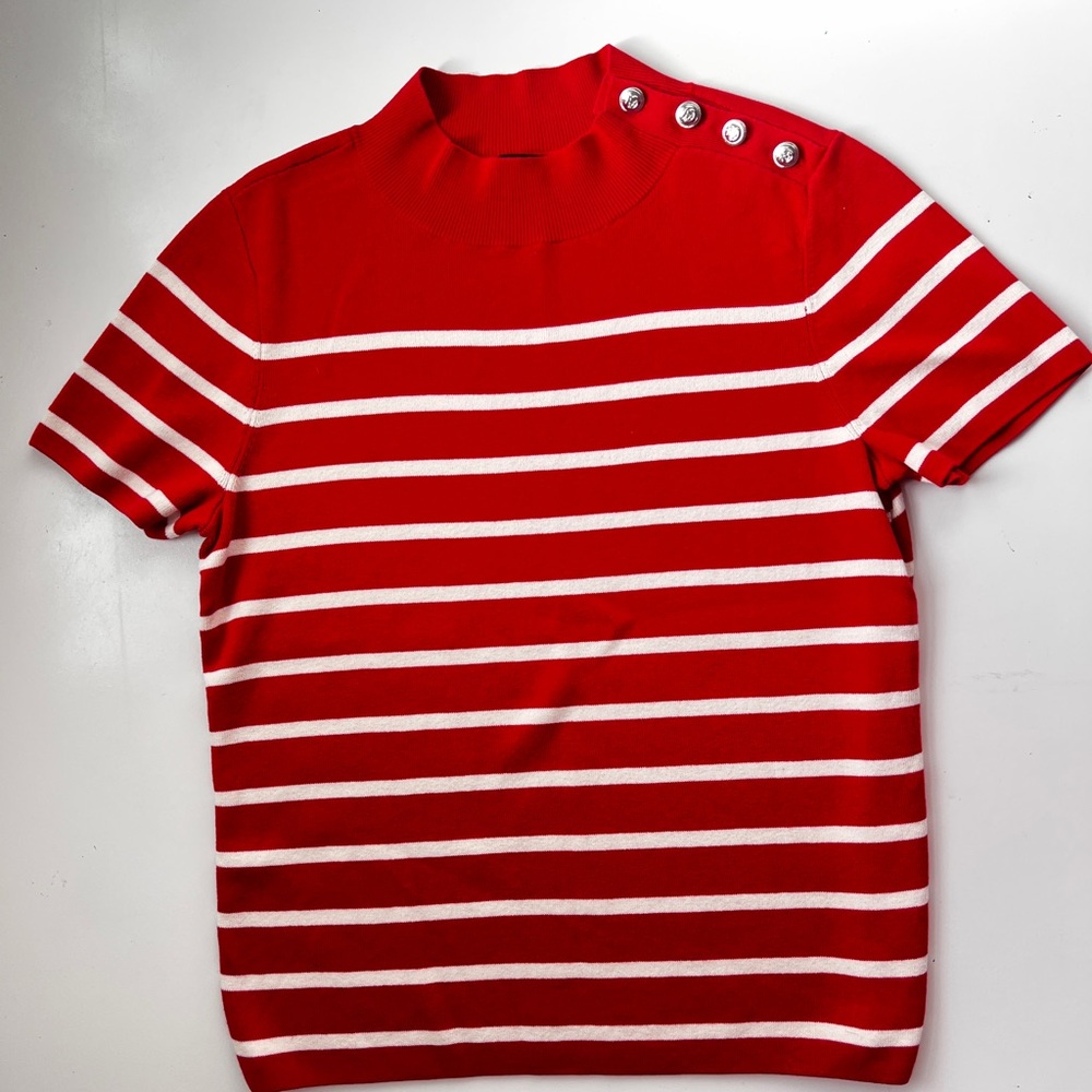 Talbots Red and White Striped mic neck Knit Top